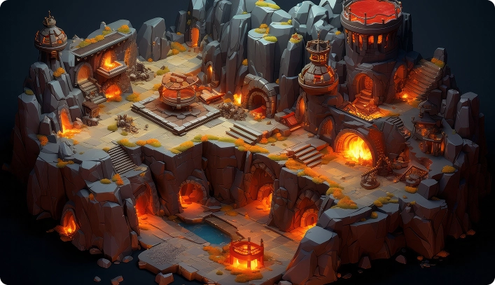 Een figuur met een kap en gloeiende ogen houdt een ketting en een vurige bol vast in een schemerige, met kaarsen verlichte stenen kamer. De scène straalt mysterie en intensiteit uit.