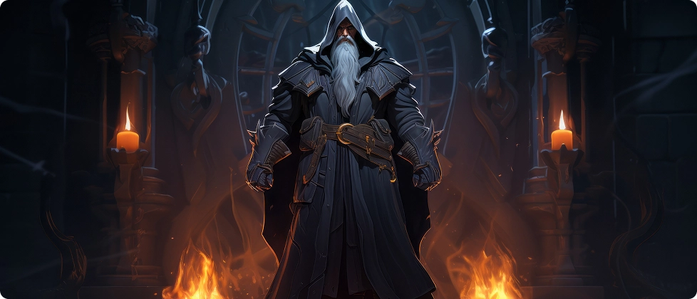 Een figuur met een kap en gloeiende ogen houdt een ketting en een vurige bol vast in een schemerige, met kaarsen verlichte stenen kamer. De scène straalt mysterie en intensiteit uit.