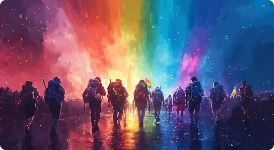 Een groep mensen loopt naar een levendig regenboogkleurig licht, dat hoop en eenheid symboliseert, met reflecties op een nat oppervlak, waardoor een serene en opbeurende scène ontstaat.