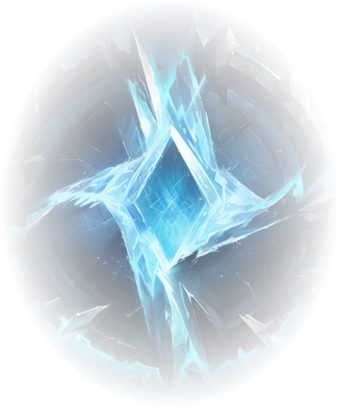 Een helder, ijzig blauw kristal dat in het midden van een cirkelvormig metalen frame zweeft. Scherpe scherven en fragmenten barsten naar buiten en creëren een dynamische, krachtige energie.