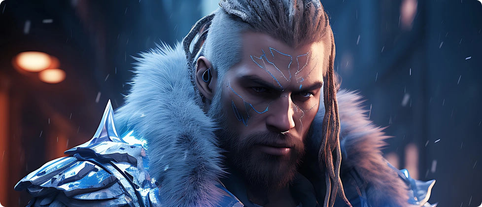 Een krijger met gevlochten haar en blauwe gezichtsmarkeringen staat in een besneeuwde steeg, gekleed in een gloeiend, futuristisch harnas met bont. De scène straalt intensiteit uit.