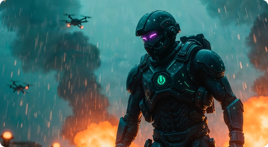 Futuristische soldaat in gloeiend harnas staat in de regen te midden van explosies en rook, met drones die boven hem vliegen. De scène is intens en dramatisch.
