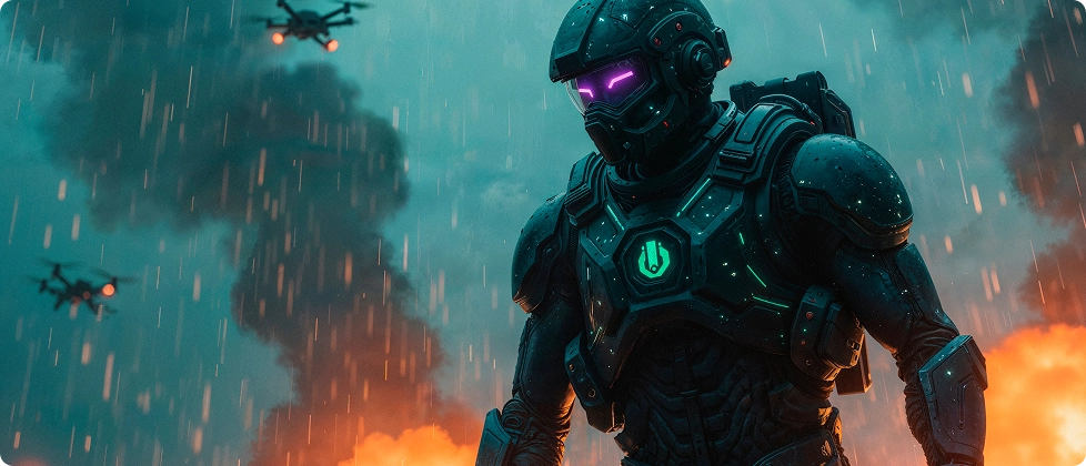 Futuristische soldaat in gloeiend harnas staat in de regen te midden van explosies en rook, met drones die boven hem vliegen. De scène is intens en dramatisch.