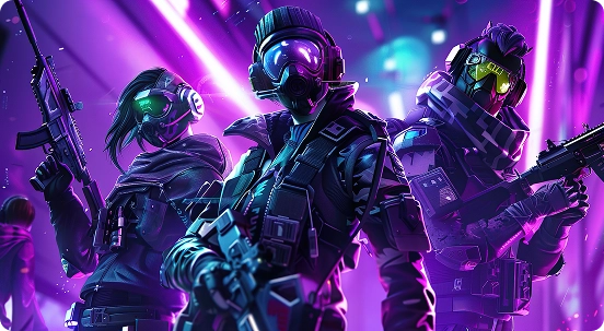 Drie futuristische soldaten in neonverlichte harnassen staan zelfverzekerd met geweren in hun handen. De levendige paarse en roze lichten creëren een spannende, sci-fi sfeer.