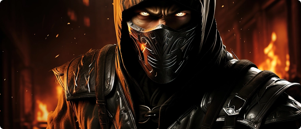 Een gemaskerde krijger in een donker, ingewikkeld harnas staat met vurige ogen, omringd door brandende gebouwen. De sfeer is intens en dramatisch.