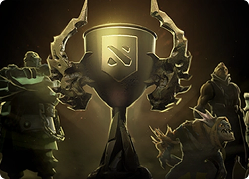 Een hoge trofee met een gaming-embleem, geflankeerd door vijf mysterieuze fantasiefiguren in donkere, dramatische belichting, die een gevoel van episch avontuur uitstralen.