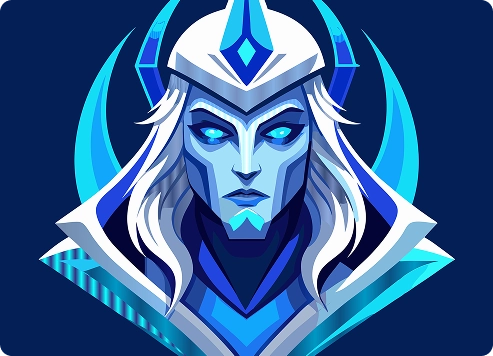 Digitale illustratie van een mystieke figuur met wit haar en stralende blauwe ogen. Het personage draagt een gehoornde helm met hoekige, ijzige ontwerpen, die een koele, krachtige uitstraling hebben.