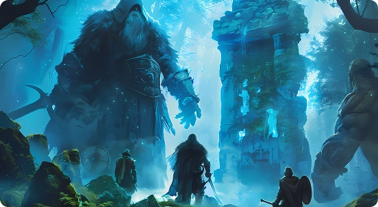 Fantasiescène met krijgers die tegenover een torenhoge reus staan te midden van mystieke ruïnes. Het bos baadt in een etherisch blauw licht, wat een spannende, magische sfeer creëert.