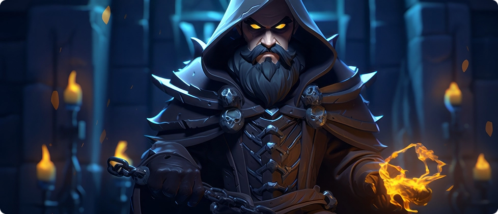 Een tovenaar met een kap en een lange witte baard staat zelfverzekerd in een donkere stenen kamer, geflankeerd door gloeiende kaarsen en brullende vuren, en straalt een mystieke uitstraling uit.