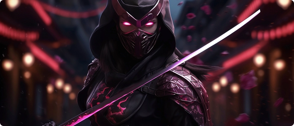 Een gemaskerde ninja met gloeiende roze ogen houdt een katana vast, klaar voor actie. Roze bloemblaadjes drijven rond, met een slecht verlichte straat op de achtergrond. Mysterieus en gespannen.