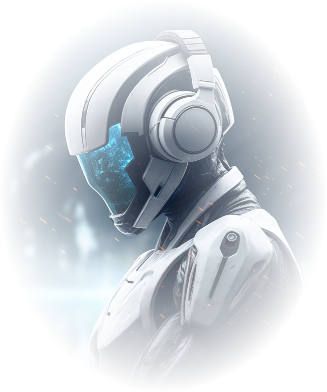 Een futuristische robot met een strakke witte helm en een blauw oplichtend vizier staat tegen een stemmige bergachtige achtergrond, omringd door vonken, wat een gevoel van geavanceerde technologie uitstraalt.