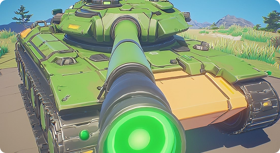 Een cartoonachtige groene tank op een weg, onder een helderblauwe lucht met pluizige wolken. De tank is naar voren gericht, wat een speelse en levendige sfeer oproept.