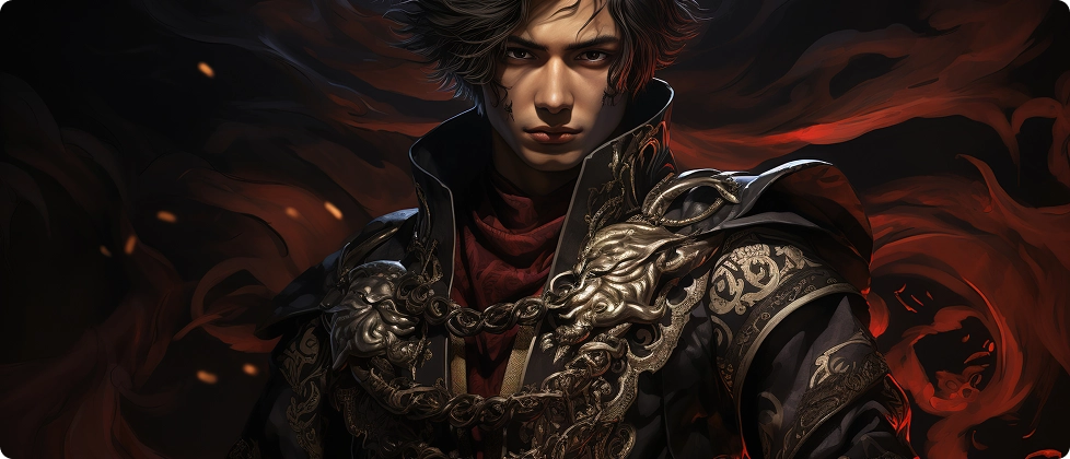 Een jonge man met intense ogen en warrig haar draagt een sierlijk donker harnas met ingewikkelde patronen. Vurige sintels wervelen rond en creëren een dramatische, krachtige sfeer.