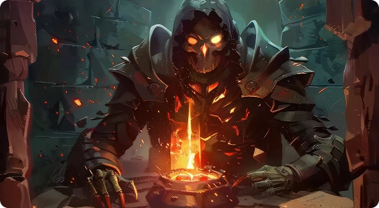 Een figuur met een kap en gloeiende ogen buigt zich over een gloeiende, vurige bol op een stenen tafel in een donkere, vervallen kamer. De scène voelt intens en mysterieus aan.