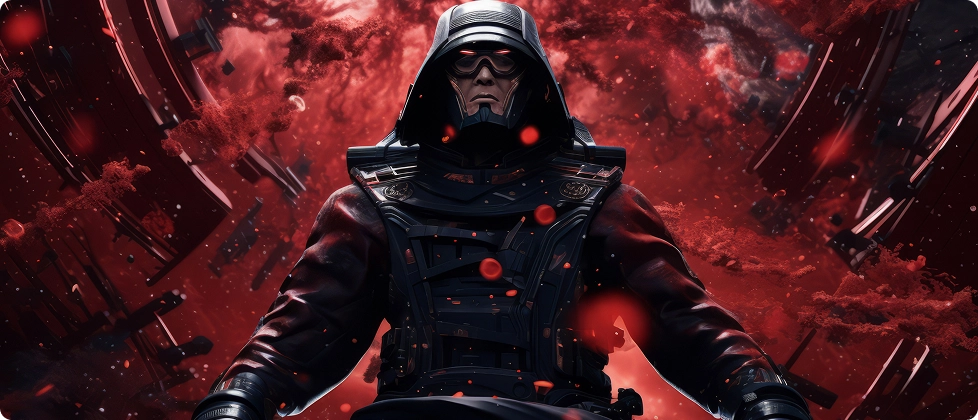 Een dreigende figuur in zwarte harnassen en helm staat te midden van wervelende rode mist in de ruimte en straalt kracht en intensiteit uit. Op de achtergrond doemt een planeet op.