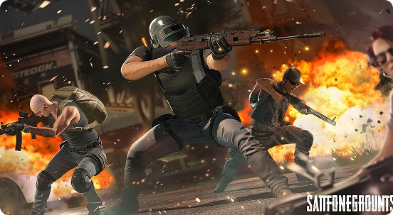 Drie gewapende personages, gekleed in tactische uitrusting en helmen, zoeken dekking te midden van explosies in een intense gevechtsscène. Op de achtergrond is vurige chaos te zien.