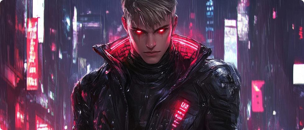 Futuristische figuur met gloeiende rode ogen en hightech harnas staat in een door regen doordrenkte neonstad. Intense, mysterieuze sfeer.