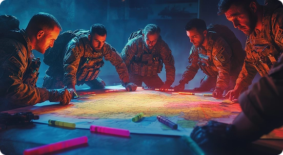 Vijf soldaten in tactische uitrusting bestuderen intensief een kaart op een tafel, verlicht door kleurrijke lampen, wat een sfeer van concentratie en strategie uitstraalt.