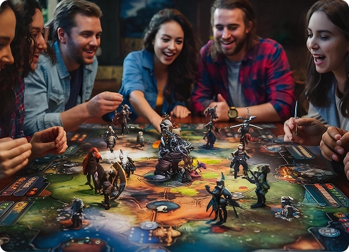 Een groep vrienden speelt vrolijk een fantasierijk bordspel met gedetailleerde miniatuurfiguurtjes. De setting is levendig en kleurrijk en roept een gevoel van opwinding en kameraadschap op.