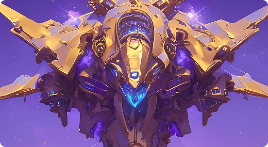 Een futuristisch, gouden ruimteschip met scherpe, hoekige vleugels straalt blauwe energie uit tegen een sterrenhemel, wat een gevoel van ontzag en sci-fi-avontuur oproept.